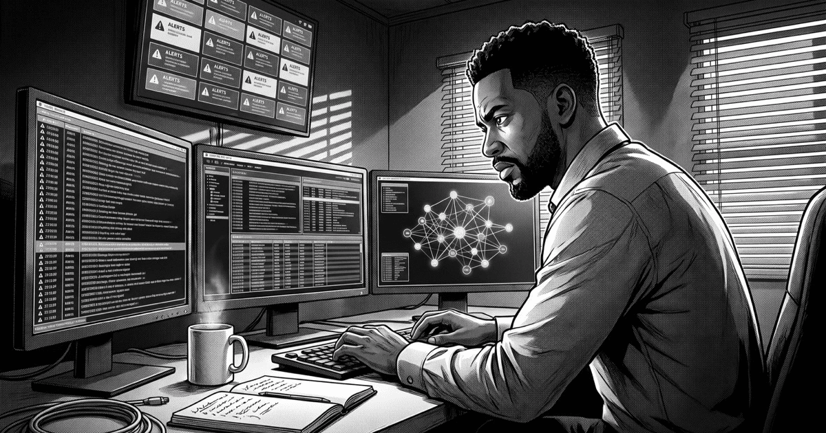 Greyscale illustration of a security analyst at a SOC desk at night, working through a wall of alerts across three monitors