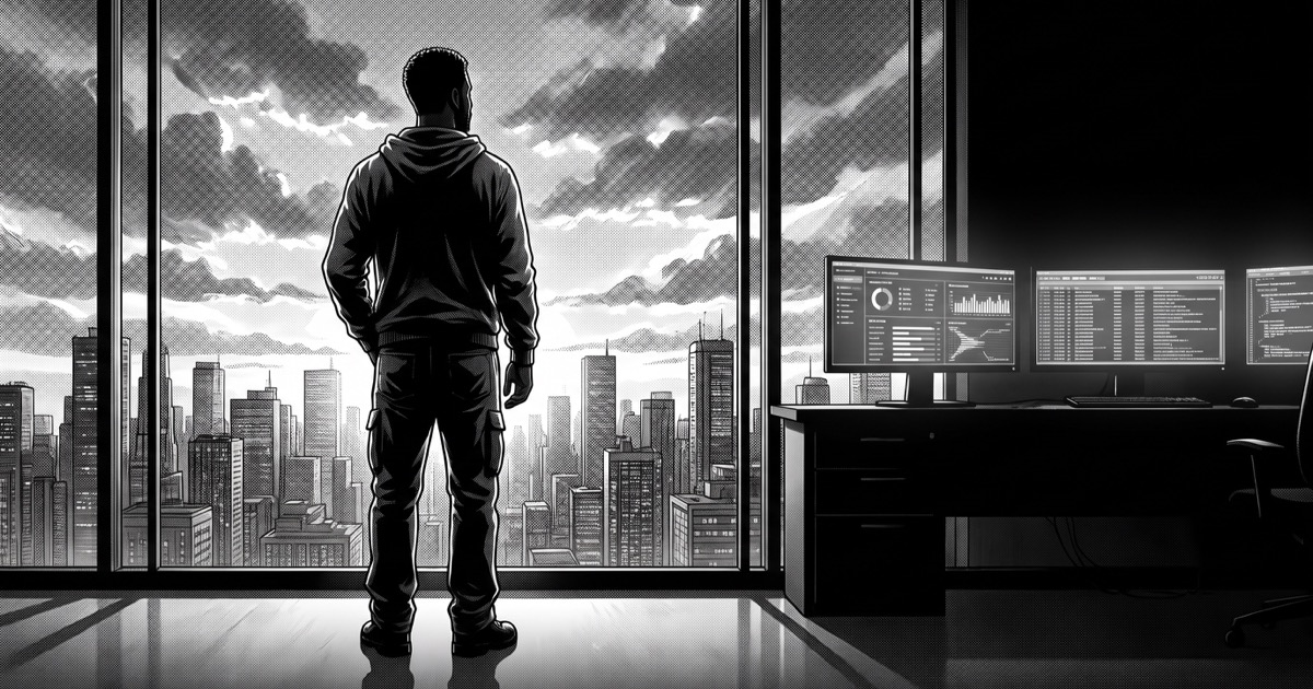 A greyscale illustration of an analyst standing at a window at dawn, city skyline beyond the glass, monitors still glowing on the desk behind him.